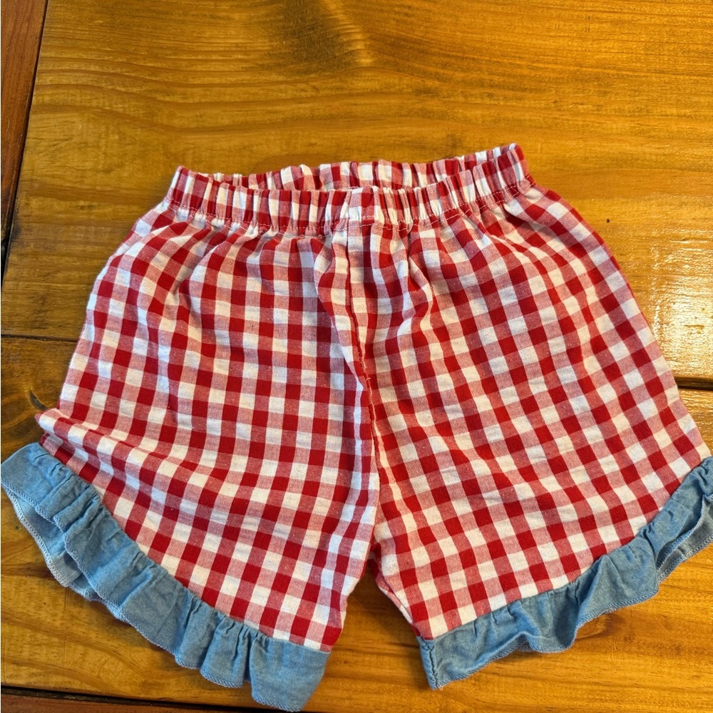 Red and White Gingham Shorts with Blue Ruffle